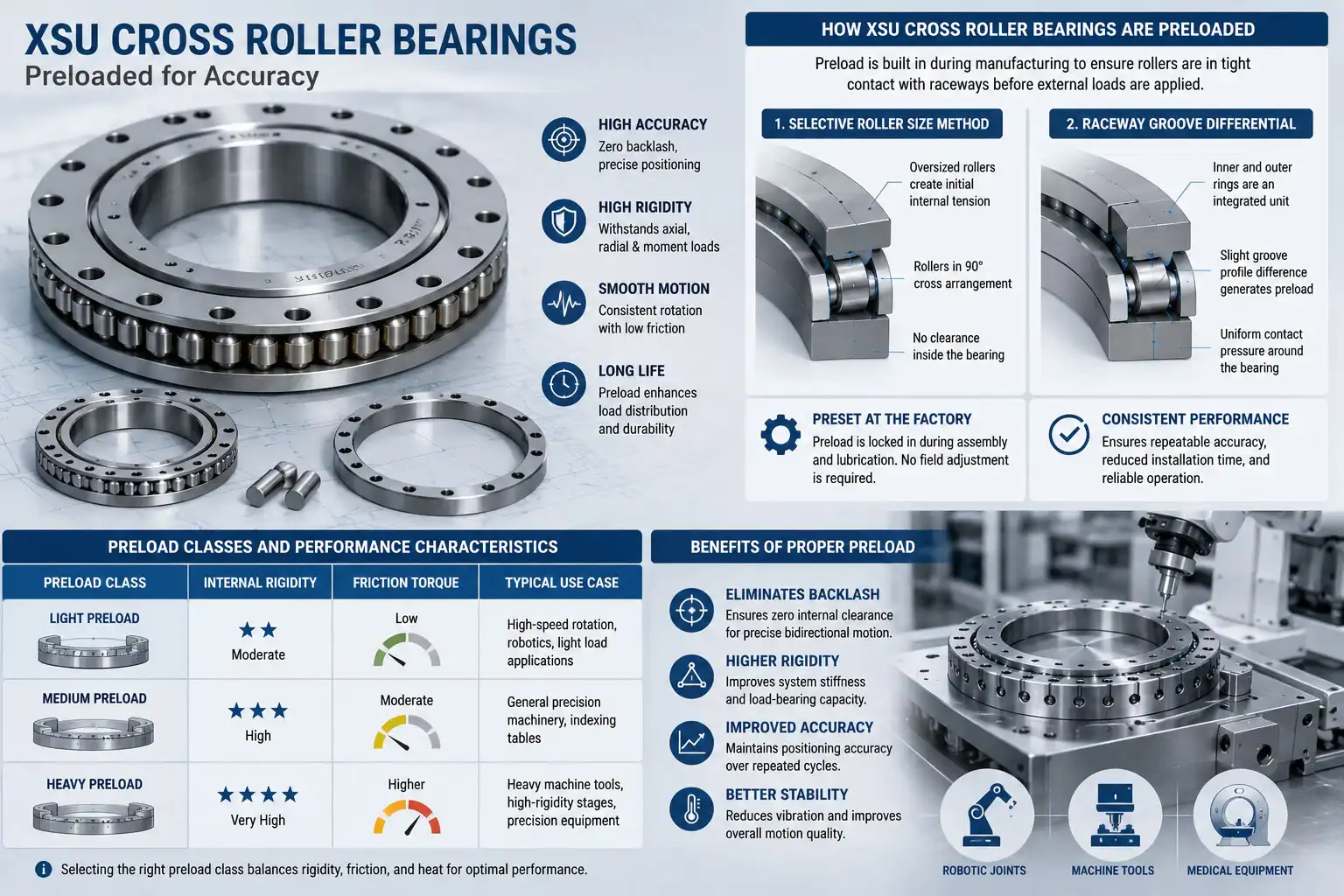 Robotics, flight systems, and precision machinery all depend on spinning parts that don't move with any play or feedback that can be measured. This is possible with XSU Cross Roller Bearings because they remove the interior space between the rollers and raceways during the manufacturing process, before the bearing is used for its intended purpose. Because these bearings have an inner and outer ring that are one piece, as well as circular rollers that are set at right angles to each other, the preload directly affects how sturdy and accurate the system will be when both loads are applied. This piece talks about what "preload" for XSU Cross Roller Bearings means, how it's done, how it improves stiffness and accuracy, and what effects performance afterward. Proper preload selection ensures consistent torque, eliminates backlash, and extends service life, making these bearings indispensable for high-precision indexing tables, medical imaging equipment, and robotic arm joints where repeatability is paramount.